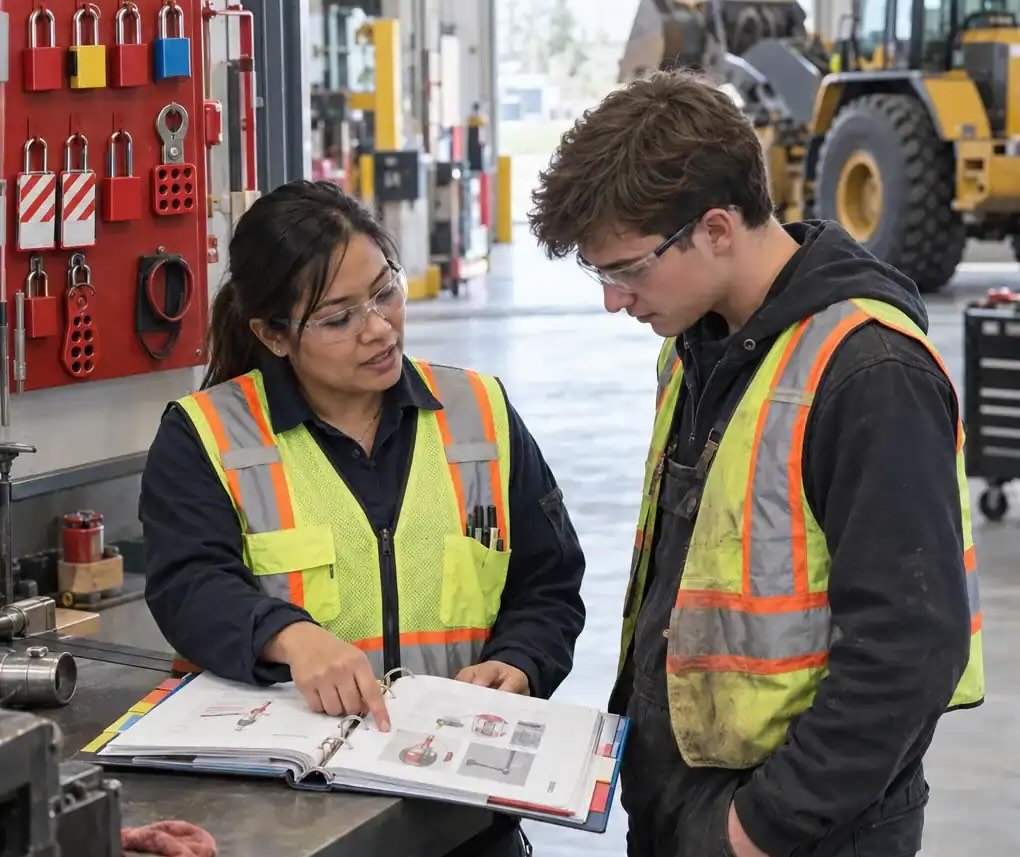 Safety lead in a hi-vis vest walking a worker through a binder at a shop workbench